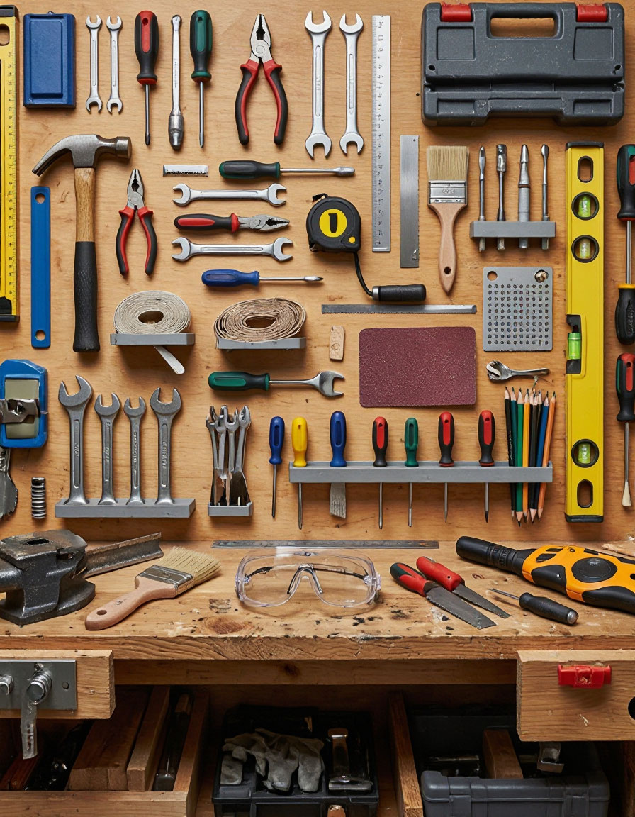 Handyman tools organized on a workbench ready for the day