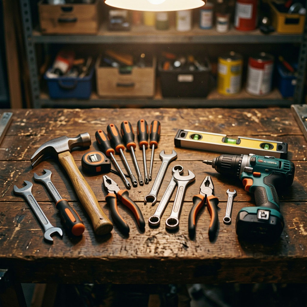 Handyman tools laid out for a home repair project