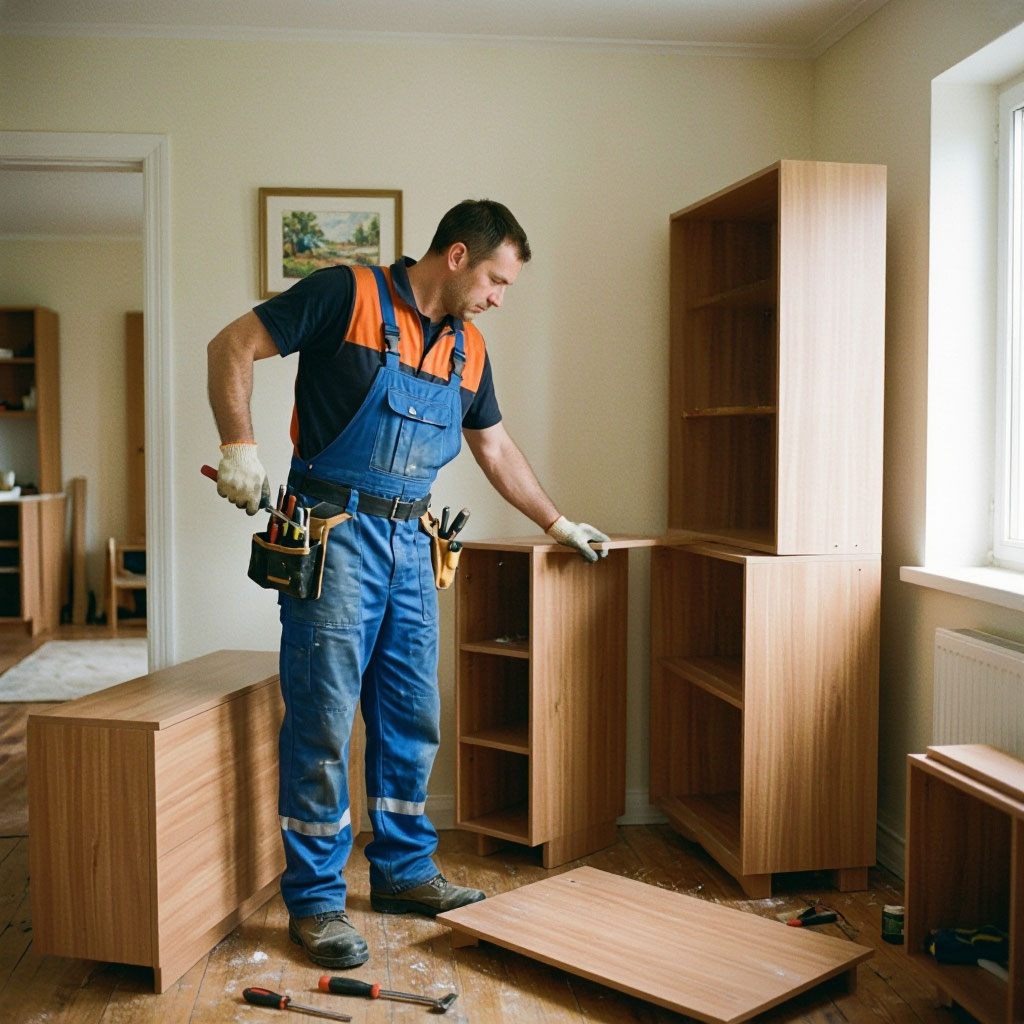 Handyman assembling furniture and mounting items on a wall in a home