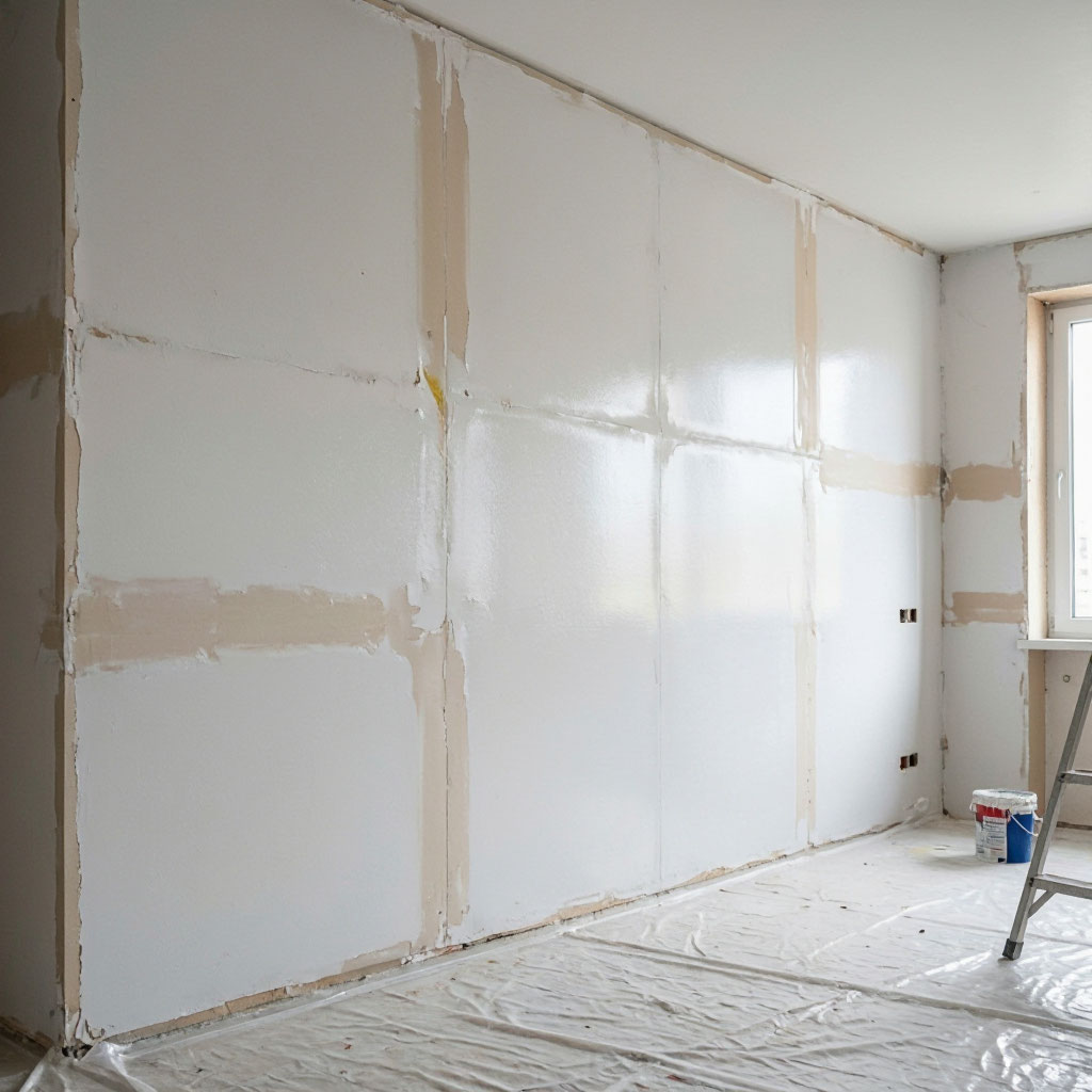 Freshly painted interior wall with drywall patch repairs completed